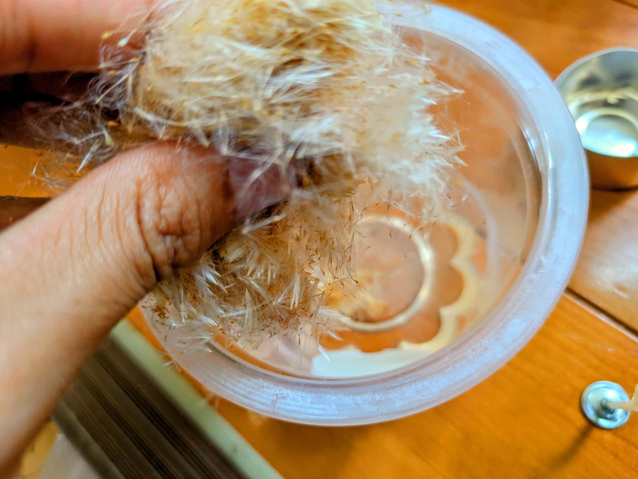 溶けたロウとガマの穂の綿毛を混ぜ合わせる様子