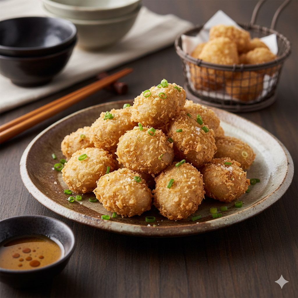 お皿に盛られたむかごの唐揚げ