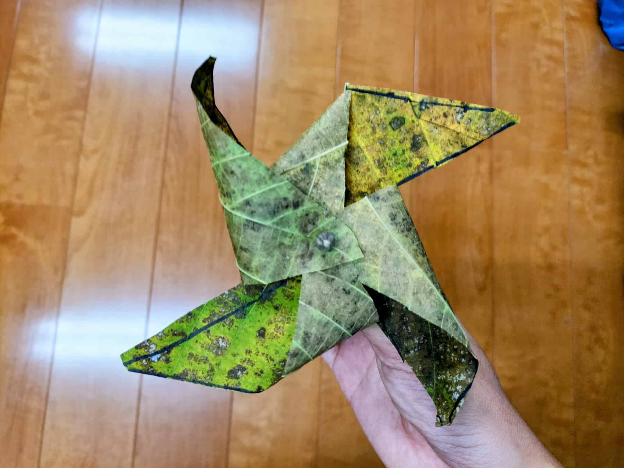 葉っぱの角を中心で留めている様子